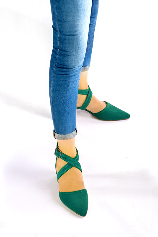 Emerald green women's open side shoes, with crossed straps. Tapered toe. Low flare heels. Worn view - Florence KOOIJMAN